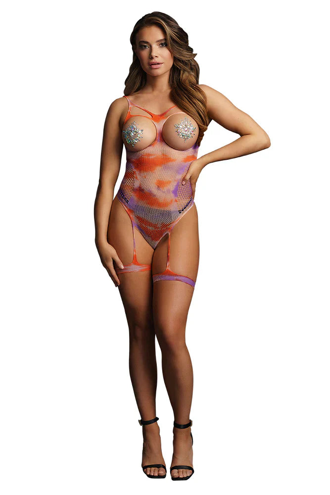 Le Désir Open-Cup Tie Dye Strappy Teddy & Nipple Bling - SexToysVancouver.Delivery